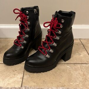Rebecca Minkoff Black Leather Heel Booties with Red Laces